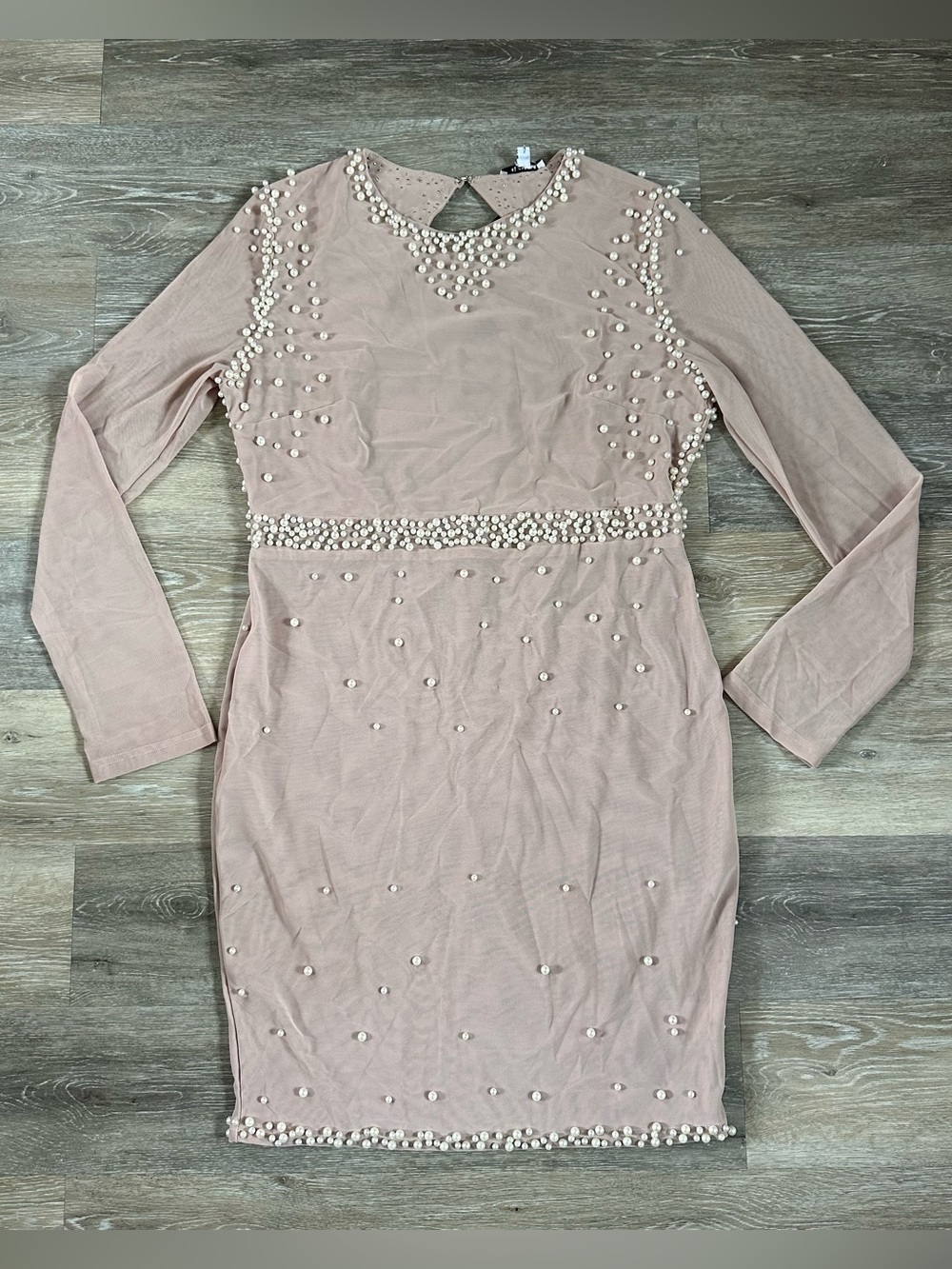 Nude sheer mesh pearl beaded pencil dress fashion nova sz 2XL NWT